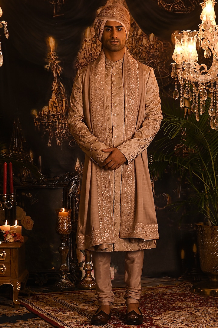 Dusty Rose Silk Floral Embroidered Sherwani Set by Punit Arora