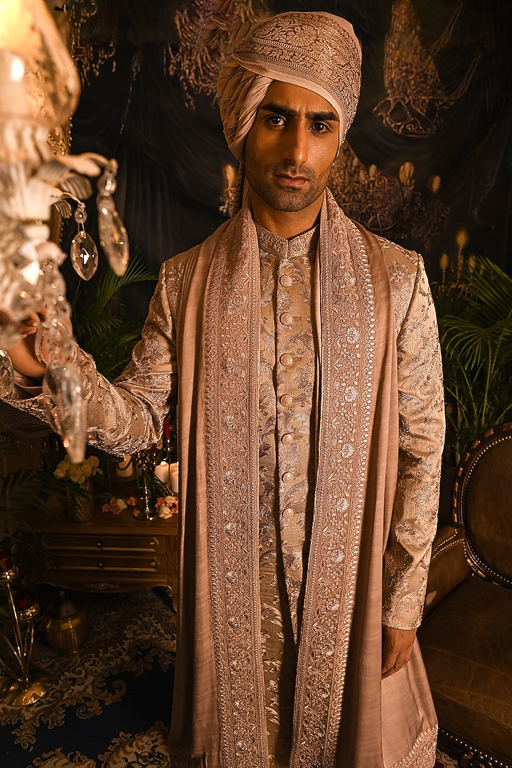 Dusty Rose Silk Floral Embroidered Groom Sherwani Set by Punit Arora at Pernia's Pop Up Shop