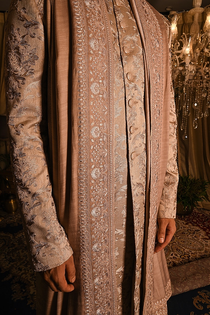 Dusty Rose Silk Floral Embroidered Groom Sherwani Set by Punit Arora at Pernia's Pop Up Shop