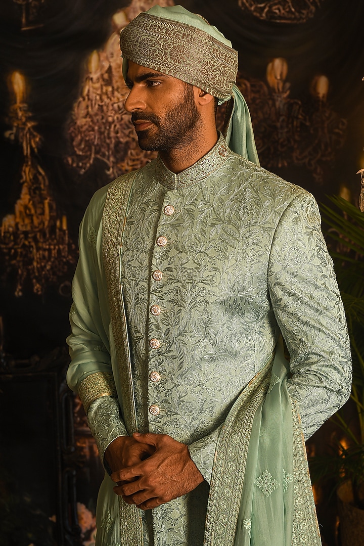 Light Green Silk Thread Embroidered Groom Sherwani Set by Punit Arora at Pernia's Pop Up Shop