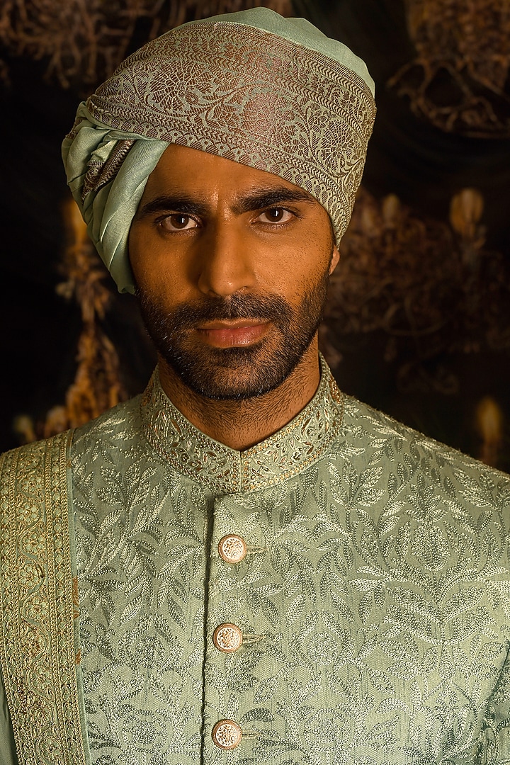Light Green Silk Thread Embroidered Groom Sherwani Set by Punit Arora at Pernia's Pop Up Shop
