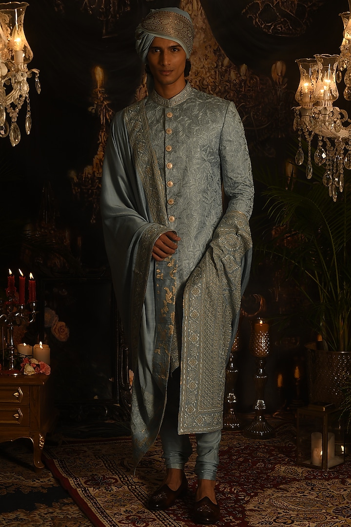 Sky Blue Silk Thread Embroidered Sherwani Set by Punit Arora