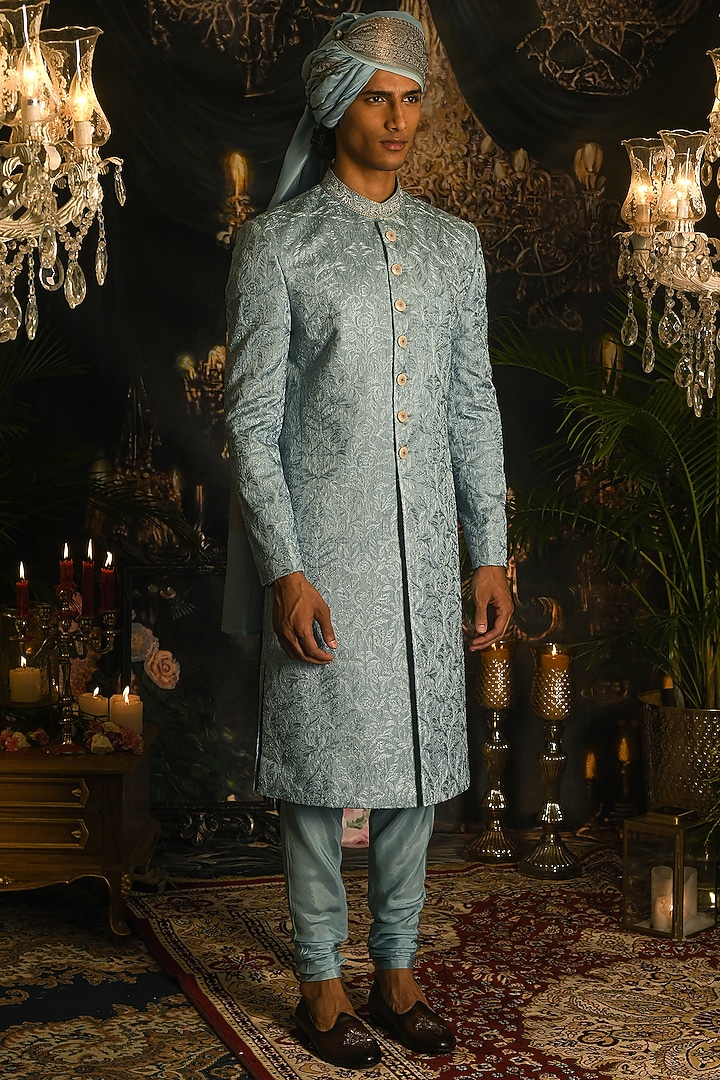 Sky Blue Silk Thread Embroidered Groom Sherwani Set by Punit Arora at Pernia's Pop Up Shop