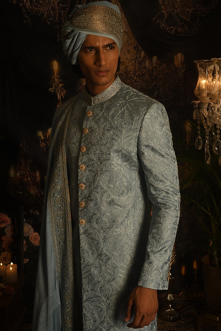 Sky Blue Silk Thread Embroidered Groom Sherwani Set by Punit Arora at Pernia's Pop Up Shop