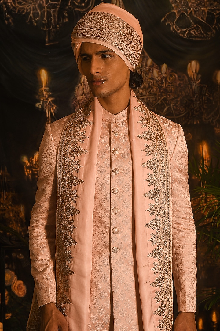 Peach Blossom Jacquard Silk Embroidered Wedding Sherwani Set by Punit Arora at Pernia's Pop Up Shop