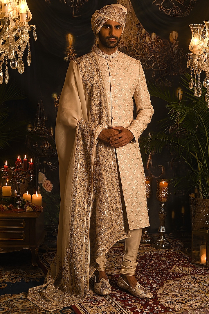 Cream Silk Parsi Embroidered Sherwani Set by Punit Arora