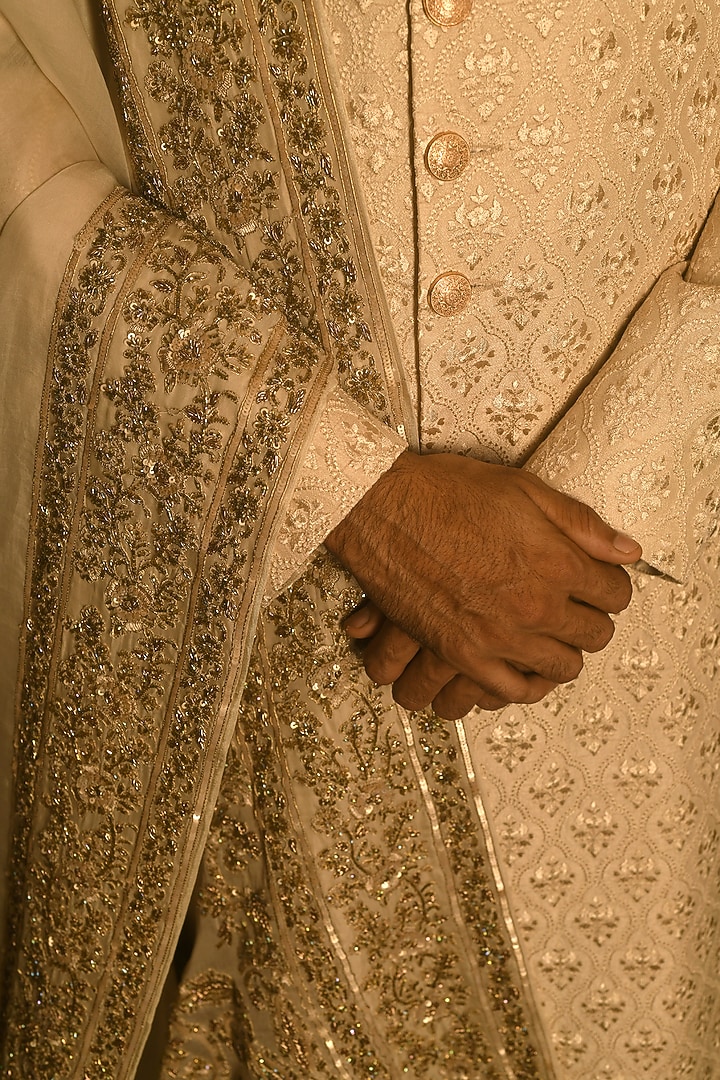 Cream Silk Parsi Embroidered Groom Sherwani Set by Punit Arora at Pernia's Pop Up Shop