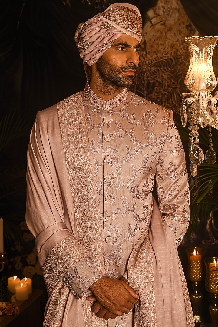 Dull Lilac Silk Aari Embroidered Groom Sherwani Set by Punit Arora at Pernia's Pop Up Shop