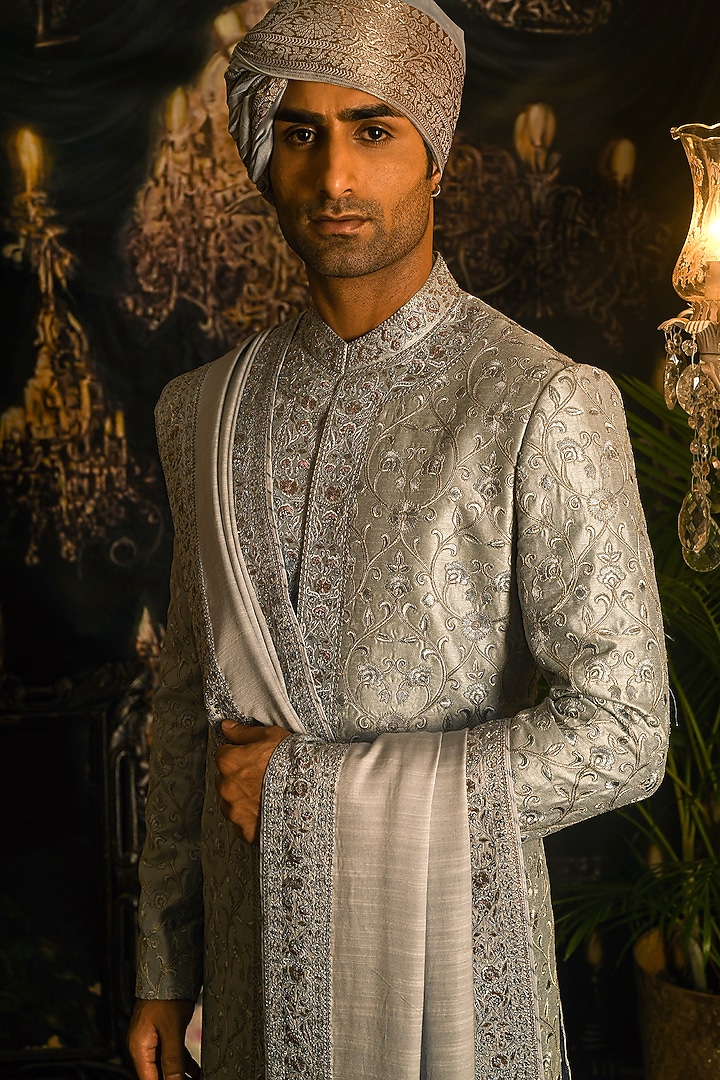 Imperial Steel Grey Silk Zardozi Embroidered Groom Sherwani Set by Punit Arora at Pernia's Pop Up Shop