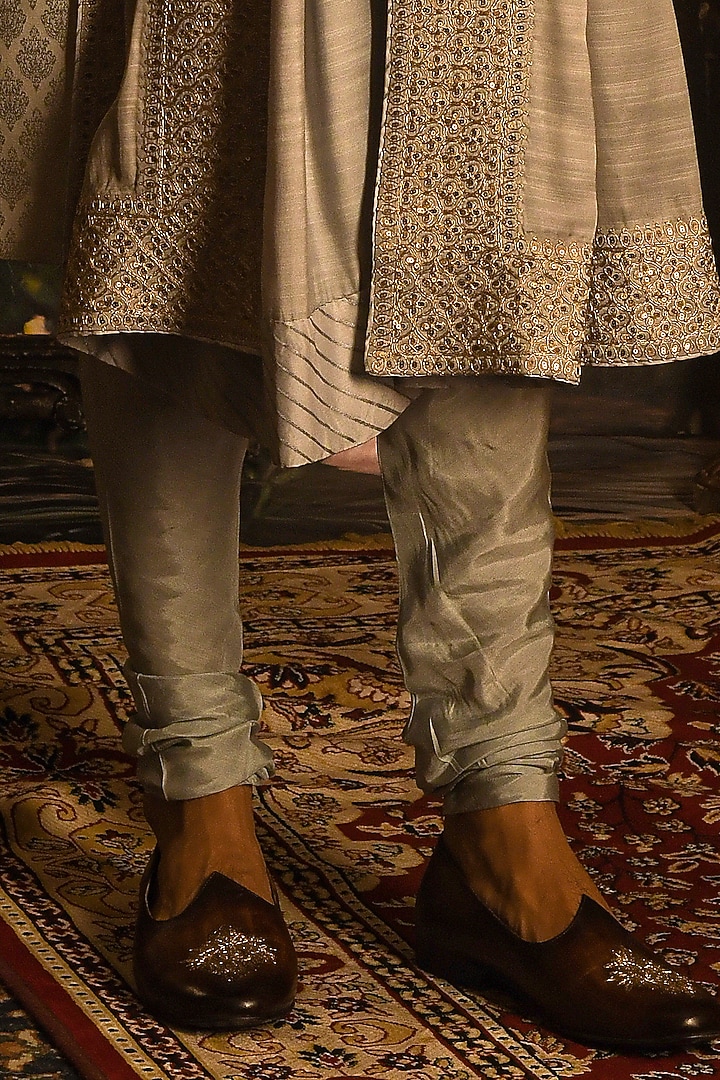 Platinum Grey Jacquard Silk Embroidered Wedding Sherwani Set by Punit Arora at Pernia's Pop Up Shop