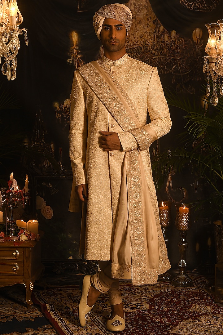 Cream Silk Thread Embroidered Sherwani Set by Punit Arora