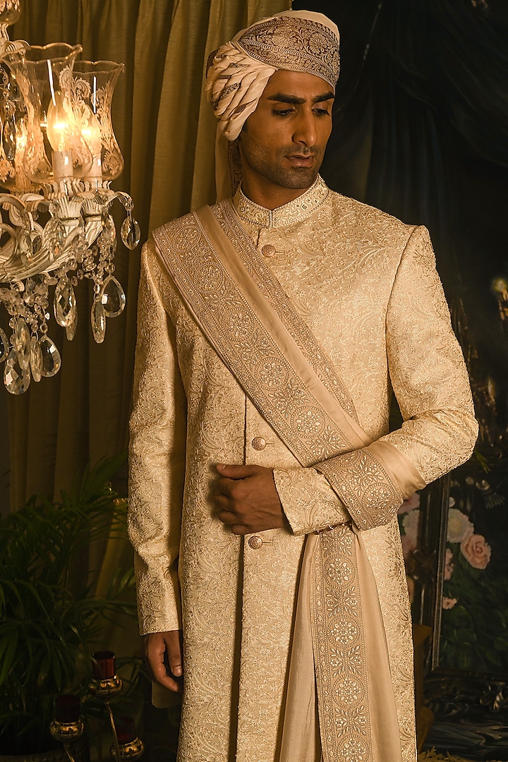 Cream Silk Thread Embroidered Groom Sherwani Set by Punit Arora at Pernia's Pop Up Shop