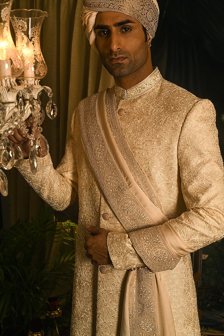Cream Silk Thread Embroidered Groom Sherwani Set by Punit Arora at Pernia's Pop Up Shop