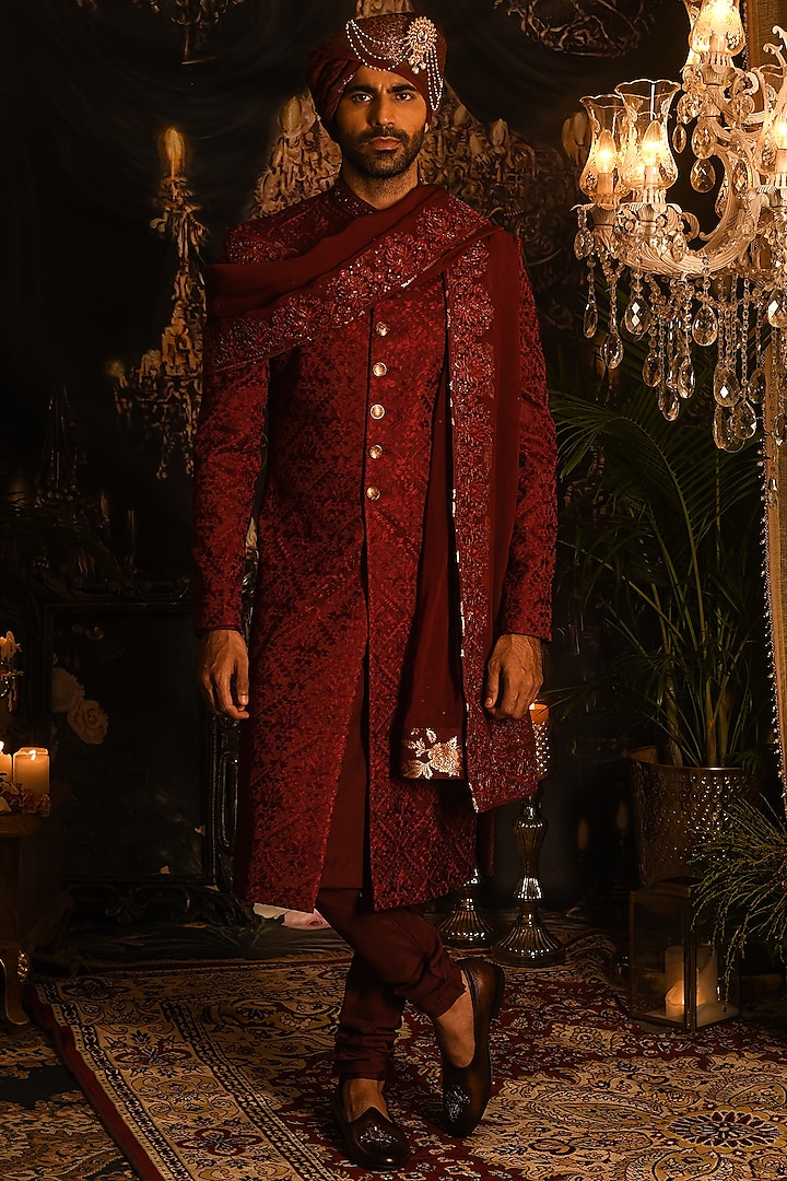 Maroon Red Silk Thread Embroidered Sherwani Set by Punit Arora