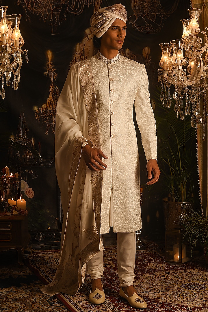 Ivory Silk Thread Embroidered Sherwani Set by Punit Arora