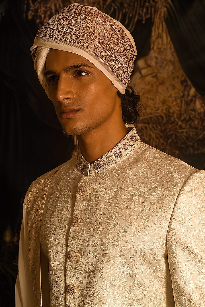 Ivory Silk Thread Embroidered Groom Sherwani Set by Punit Arora at Pernia's Pop Up Shop
