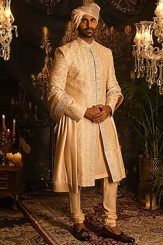 Classic Gold Silk Zardozi Embroidered Sherwani Set by Punit Arora