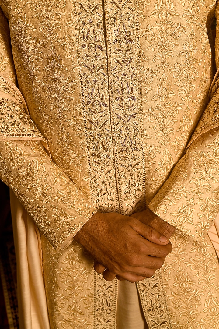 Classic Gold Silk Zardozi Embroidered Groom Sherwani Set by Punit Arora at Pernia's Pop Up Shop