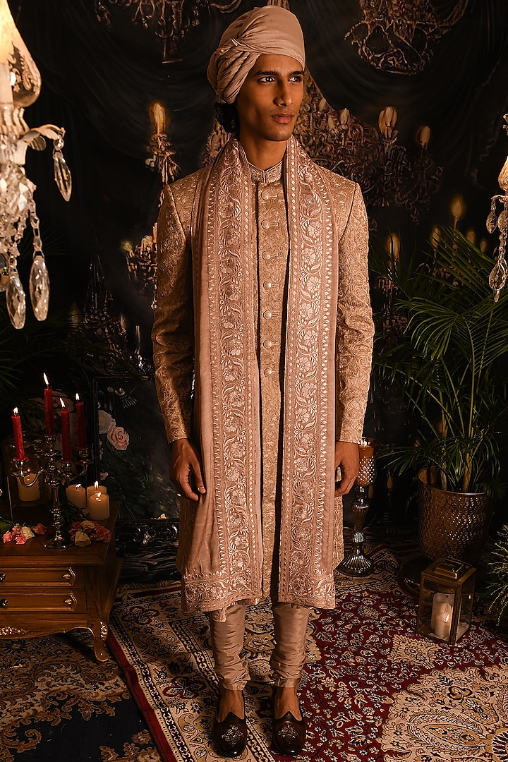 Champagne Gold Silk Floral Embroidered Sherwani Set by Punit Arora