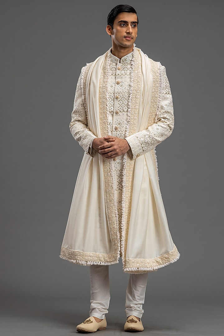 Ivory Blended Raw Silk Embroidered Sherwani Set by PURUSHAM