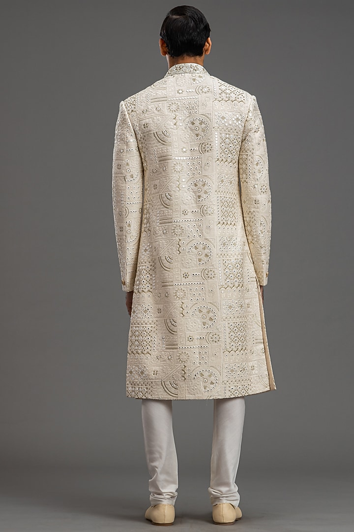 Ivory Blended Raw Silk Embroidered Wedding Sherwani Set by PURUSHAM at Pernia's Pop Up Shop