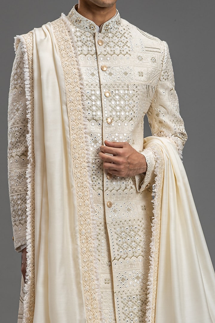 Ivory Blended Raw Silk Embroidered Wedding Sherwani Set by PURUSHAM at Pernia's Pop Up Shop