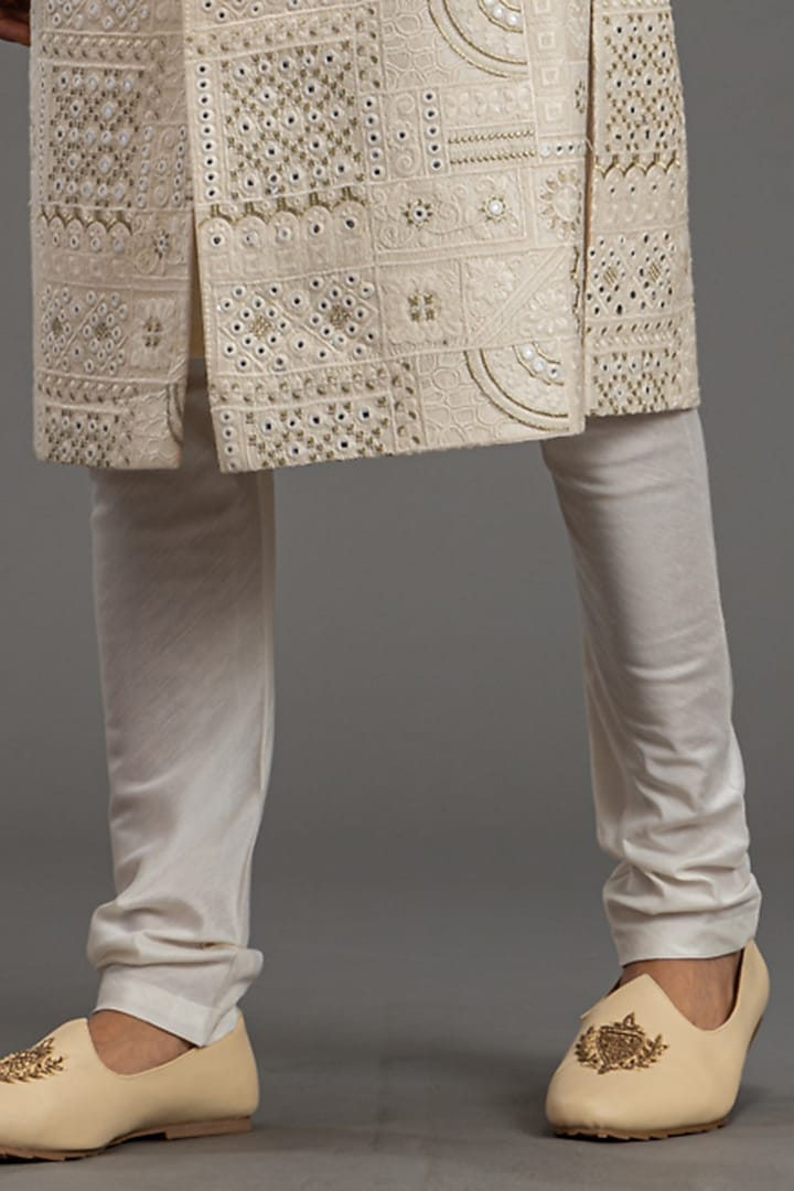 Ivory Blended Raw Silk Embroidered Wedding Sherwani Set by PURUSHAM at Pernia's Pop Up Shop
