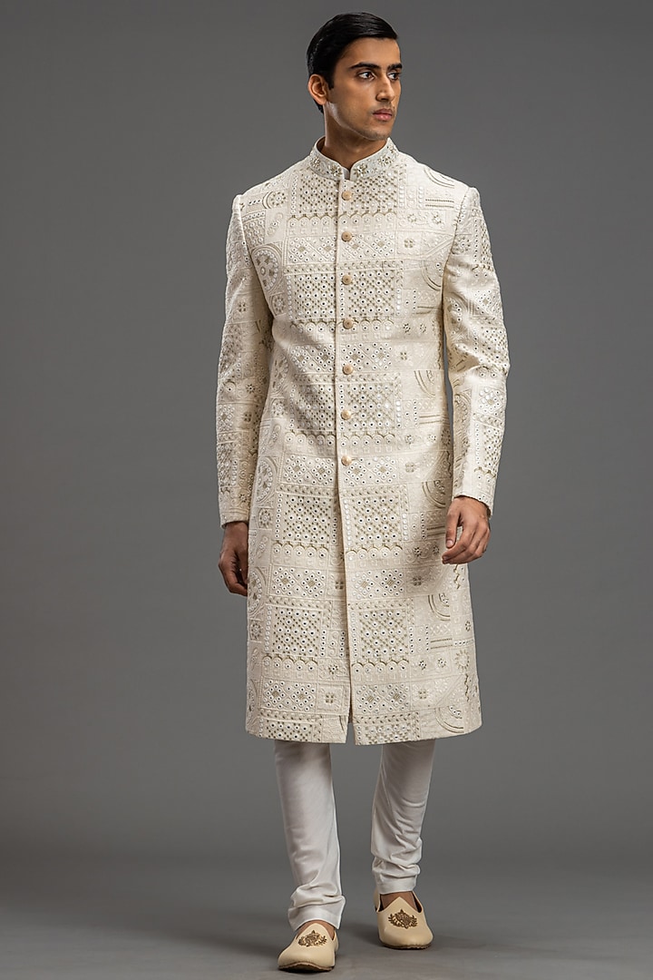 Ivory Blended Raw Silk Embroidered Wedding Sherwani Set by PURUSHAM at Pernia's Pop Up Shop