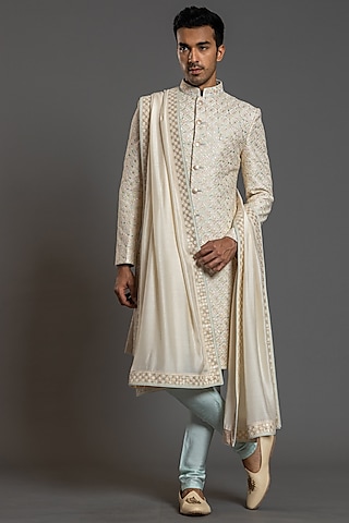 Ivory Blended Raw Silk Embroidered Sherwani Set by PURUSHAM