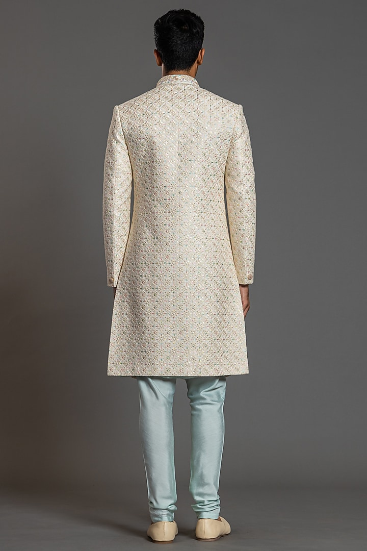 Ivory Raw Silk Sherwani Short Self Embroidery Set