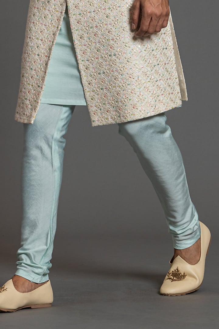 Ivory Blended Raw Silk Embroidered Wedding Sherwani Set by PURUSHAM at Pernia's Pop Up Shop