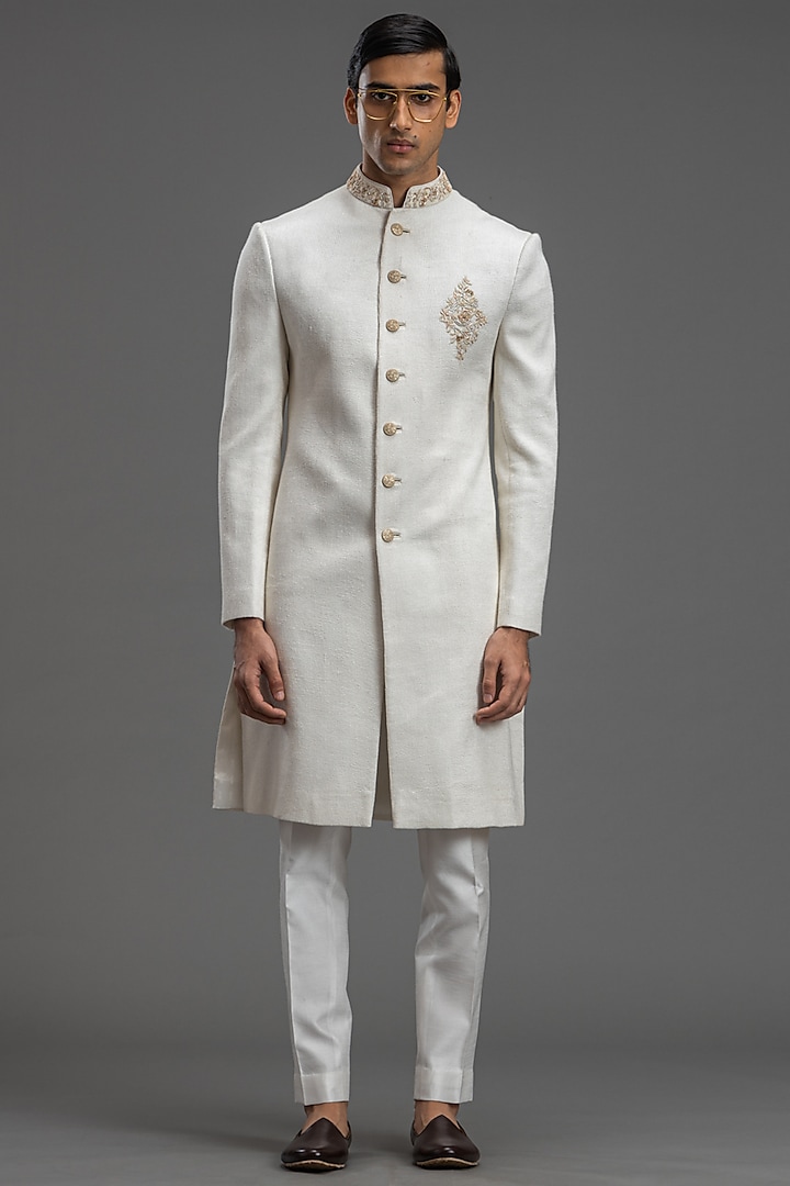 Ivory Silk Corduroy Hand Embroidered Jacket Set by PURUSHAM