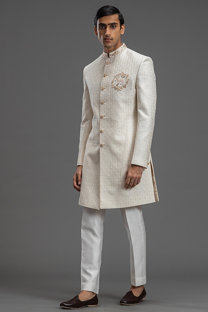 Ivory Chanderi Silk Sequins Embroidered Indowestern Jacket Set by PURUSHAM