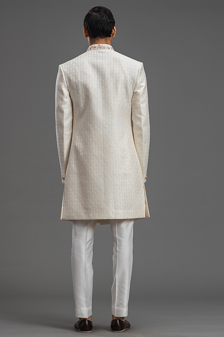 Ivory Chanderi Silk Sequins Embroidered Wedding Indowestern Jacket Set by PURUSHAM at Pernia's Pop Up Shop
