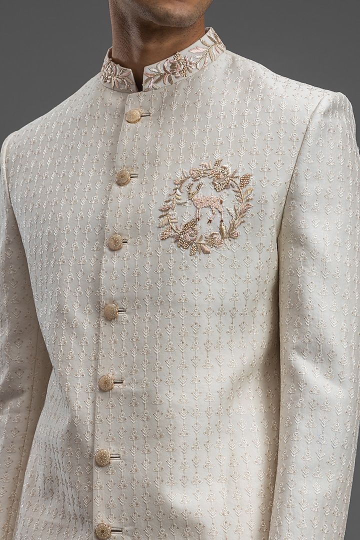 Ivory Chanderi Silk Sequins Embroidered Wedding Indowestern Jacket Set by PURUSHAM at Pernia's Pop Up Shop