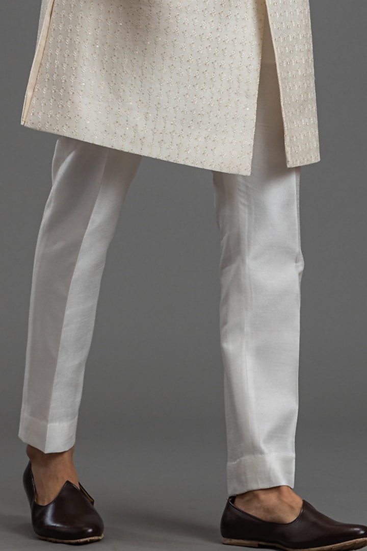 Ivory Chanderi Silk Sequins Embroidered Wedding Indowestern Jacket Set by PURUSHAM at Pernia's Pop Up Shop