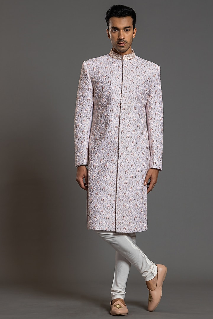 Water Peach Chikankari Embroidered Wedding Sherwani Set by PURUSHAM at Pernia's Pop Up Shop