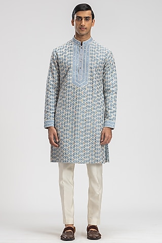 Ice Silk Blue Embroidered Kurta Set by PURUSHAM