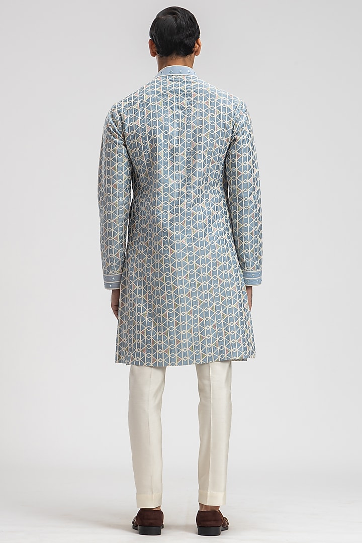 Ice Silk Blue Embroidered Kurta Set by PURUSHAM at Pernia's Pop Up Shop