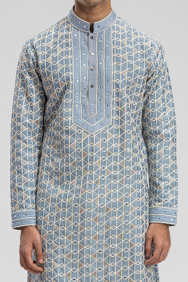 Ice Silk Blue Embroidered Kurta Set by PURUSHAM at Pernia's Pop Up Shop