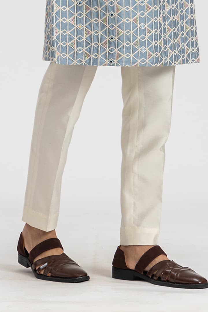 Ice Silk Blue Embroidered Kurta Set by PURUSHAM at Pernia's Pop Up Shop