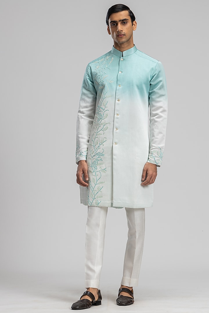 White & Blue Modal Embroidered Kurta Set by PURUSHAM at Pernia's Pop Up Shop