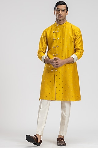 Mustard Yellow Silk Embroidered Kurta Set by PURUSHAM