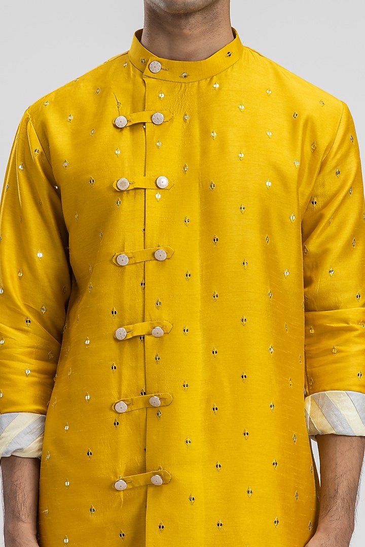 Mustard Yellow Silk Embroidered Kurta Set by PURUSHAM at Pernia's Pop Up Shop