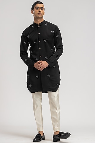 Black Silk Embroidered Kurta Set by PURUSHAM