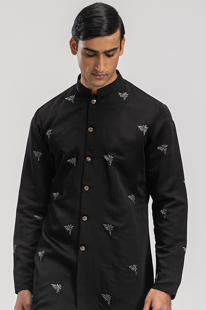 Black Silk Embroidered Kurta Set by PURUSHAM at Pernia's Pop Up Shop