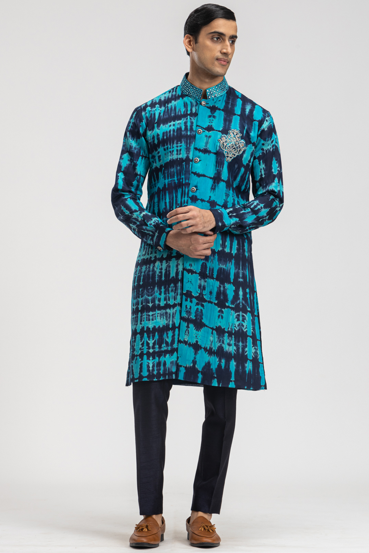 Ferozi Blue Modal Embroidered Kurta Set by PURUSHAM
