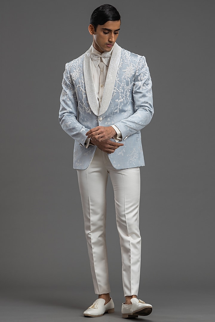 Ice Grey Jacquard Embroidered Tuxedo Set by PURUSHAM