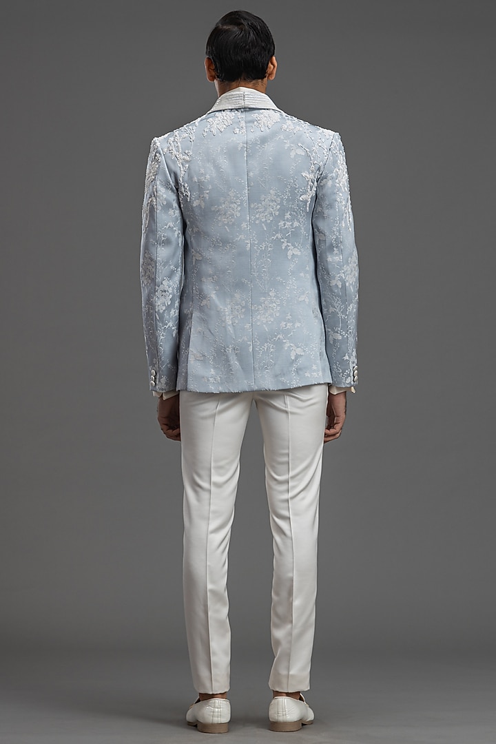Ice Grey Jacquard Embroidered Tuxedo Set by PURUSHAM at Pernia's Pop Up Shop