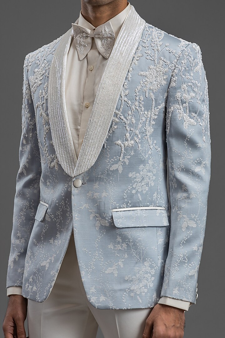 Ice Grey Jacquard Embroidered Tuxedo Set by PURUSHAM at Pernia's Pop Up Shop